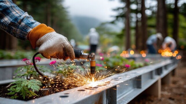 Sparking Creation: A close-up shot of a welder meticulously welding metal, sparks flying in a vibrant display against a backdrop of nature and teamwork.