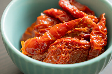 Sun-Dried Tomatoes in Small Blue Bowl