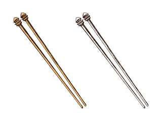 Hand drawn vintage sketch of wooden knitting needles in color and monochrome version, isolated vector illustration