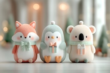 Cute fox penguin and koala plush toys holding Christmas gifts in pastel winter interior scene