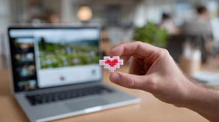 Digital Heart Pixel: A person's hand delicately holds a pixelated heart against the backdrop of a laptop screen, symbolizing the intersection of technology and emotion.