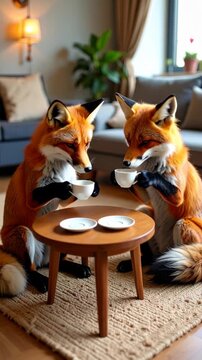 Two anthropomorphic foxes enjoying a tea party, each sipping from white teacups, set in a cozy, warm, inviting living room.