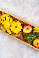 Vibrant arrangement of autumn fruits and vegetables.