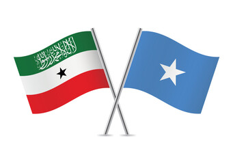 Somaliland and Somalia crossed flags. Republic of Somaliland and Federal Republic of Somalia flags on a white background. Vector icon set. Vector illustration.