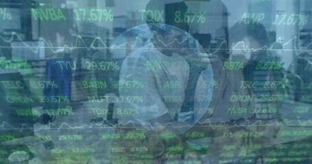 Animation of financial data and graphs over diverse coworkers in office - Powered by Adobe