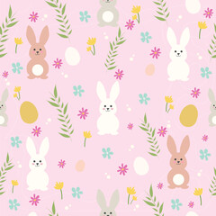 Easter bunny seamless pattern with flowers and eggs on pink background