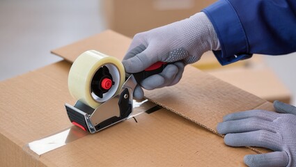 Worker in protective gloves seals a cardboard box with packing tape using a handheld dispenser, illustrating packaging process, warehouse logistics and delivery preparation