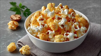 Golden Delight: A close-up shot of a pristine white bowl overflowing with popcorn, with a focus on its rich, golden hues and irresistible texture, alongside accompanying treats