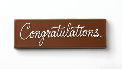 Chocolate Bar with Congratulations Text in White Cursive on Clean White Background