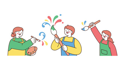 Three people are painting with colorful splashes of paint.