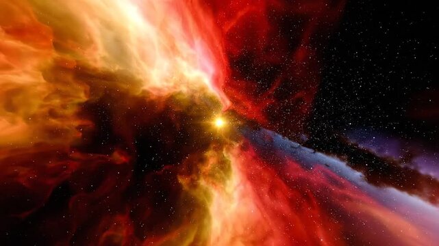 A vibrant nebula explodes with fiery colors, a bright star in center, stars sprinkled in darkness