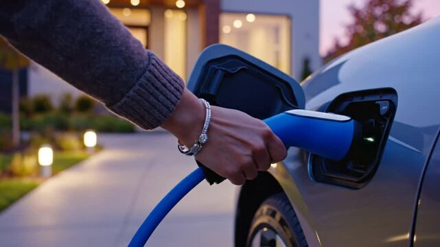 Connecting a blue charging cable to a gray electric car near a house for an environmental concept