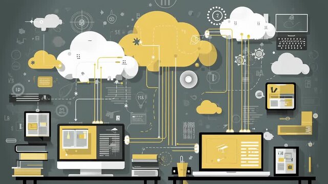 Online education powered by cloud computing, floating data streams and learning icons, modern digital classroom feel, based uncluttered composition, professional commercial visual