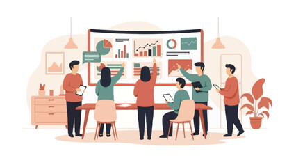Flat 2D vector illustration of startup pitch deck preparation in a modern office
