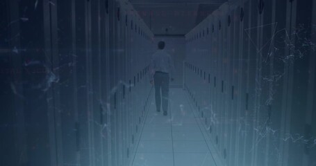 Animation of cyber security data processing over rear view of male engineer walking in server room - Powered by Adobe