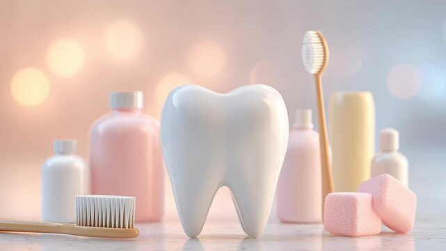 Oral health prevention visual, close-up symbolic tooth with gentle hygiene elements, soft lighting, white and pastel palette, calm and professional medical aesthetic, preventive dental care