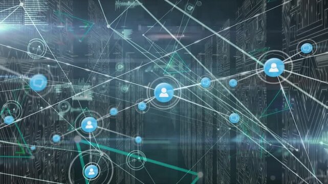 Animation of network of connections with icons over data processing and computer circuit board