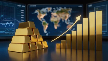 Golden bars stacked high in front of financial charts and world map screens - Powered by Adobe