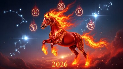 Dynamic Fire Horse with Zodiac Constellations for 2026