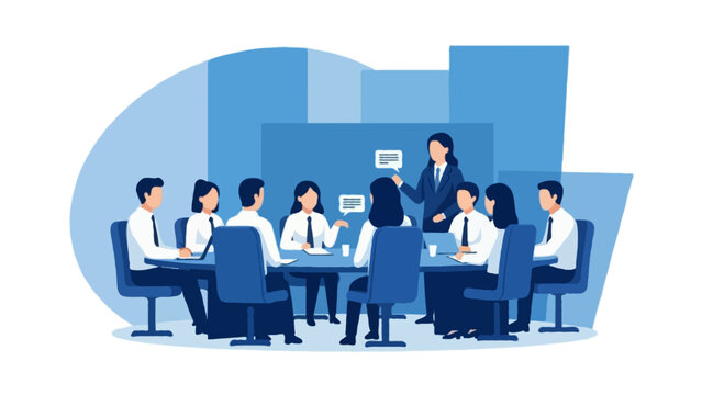 Flat 2D vector illustration of a formal enterprise business meeting using corporate blue colors