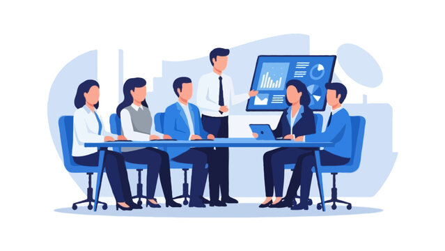 Flat 2D vector illustration of an enterprise client meeting in corporate blue tones