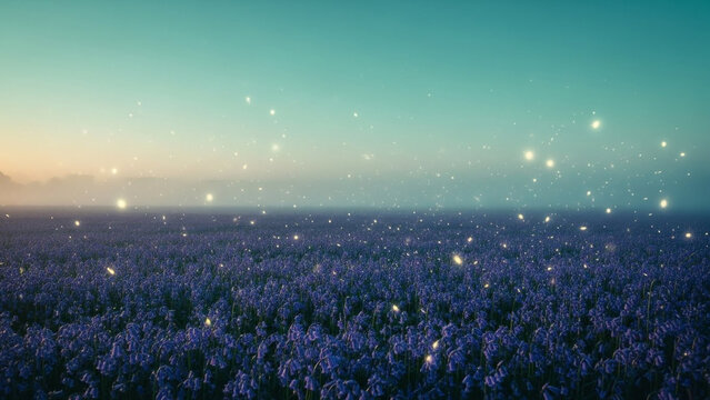 Ethereal Bluebell Meadow with Glowing Fireflies