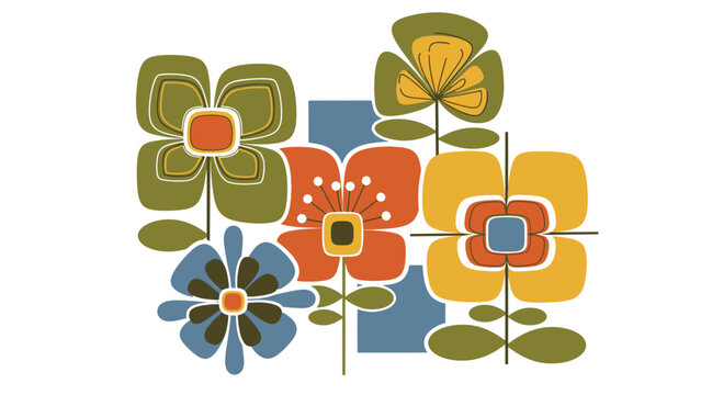 Retro Mid Century Modern Floral Pattern with Stylized Orange Green and Blue Flowers on Isolated White Background