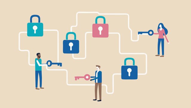 Flat vector illustration of users unlocking digital padlocks with keys for secure access