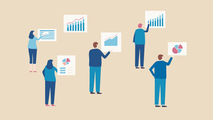 People analyzing floating charts and graphs on transparent backgrounds for presentations