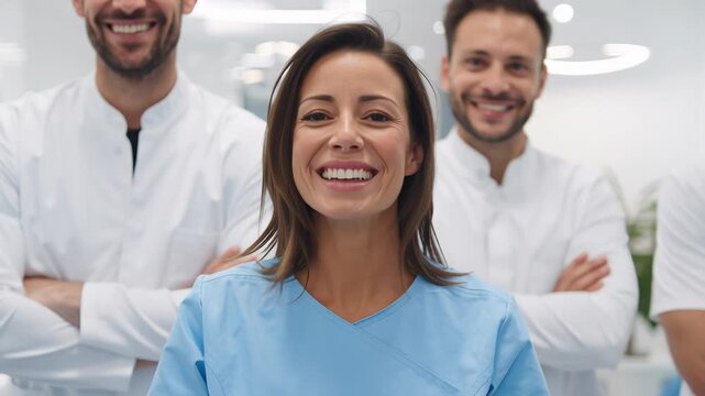 Professional dental staff teamwork concept, dentists and assistants team in coordinated uniforms, minimalist clinic setting, bright white and light blue tones, high-end editorial style