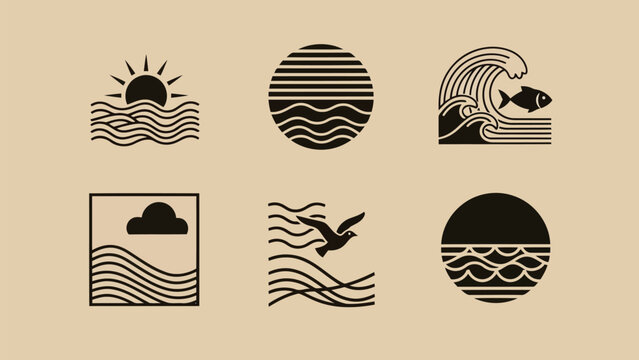 Minimalist ocean wave and sun illustrations in a simple black and white design