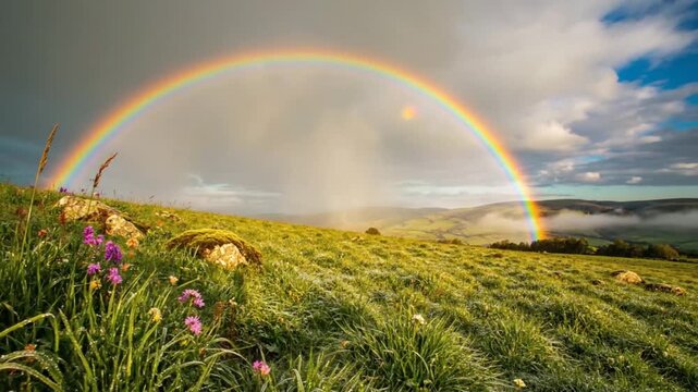 Scenic rainbow arching over a lush green meadow dotted with colorful wildflowers and a beautiful cloudy sky