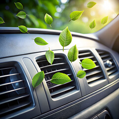 Fresh green leaves blowing from car air vents represent clean air