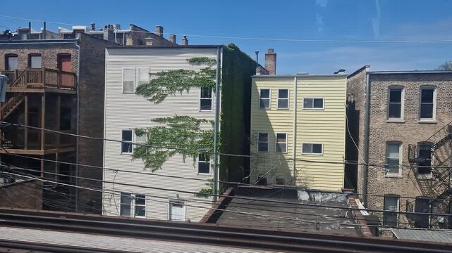 Chicago USA, Buildings by Elevated Metro Railway on Sunny Day, Passenger Point of View