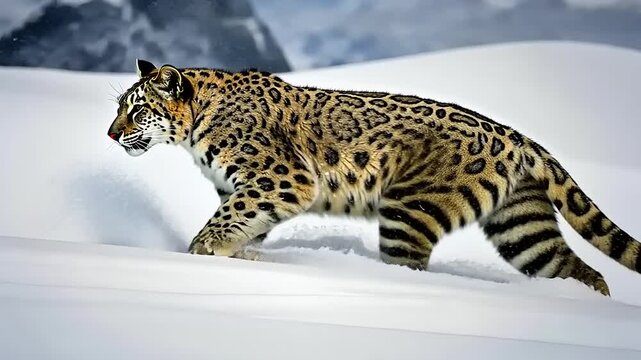Majestic Snow Leopard Prowls Through Snowy Mountain Landscape.