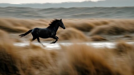Cheval noir galopant à travers une plaine avec effet de mouvement