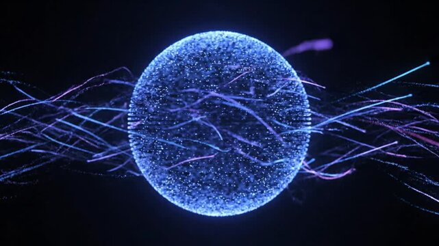 Abstract glowing purple sphere made of digital particles on a dark background. Futuristic motion design perfect for sci-fi themes, tech backgrounds, or high-tech animation projects 4k video