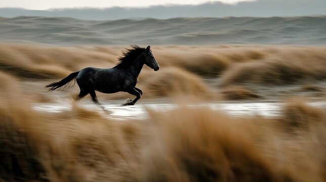 Cheval noir galopant &agrave; travers une plaine avec effet de mouvement