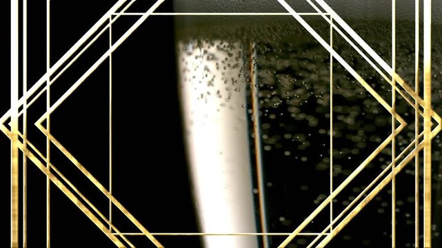 Animation of geometric shape pattern over close up of air bubble of champagne in glass