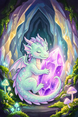 Naklejka premium Cute Baby Dragon Hugging Glowing Crystal in Magical Cave Fantasy Illustration