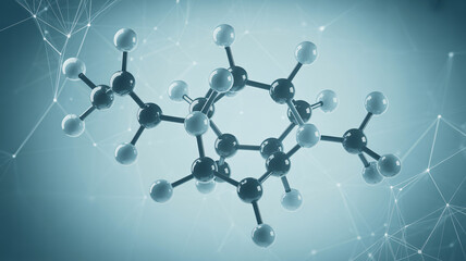 Molecular structure with connected atoms on blue background