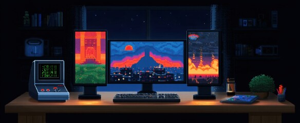 The retro gaming setup bursts with vibrant pixel art fueling pure nostalgic excitement