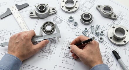 Engineer measuring mechanical parts with calipers on detailed blueprint for precision manufacturing and design