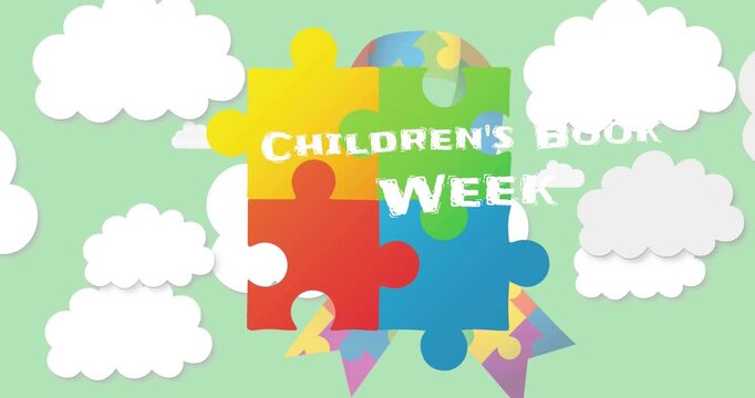 Animation of children's book week text over puzzle pieces and clouds on green background