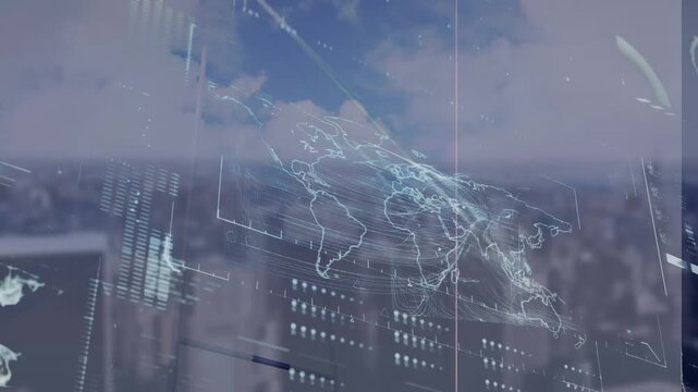 This video is a computer-generated animation of a world map with data on it