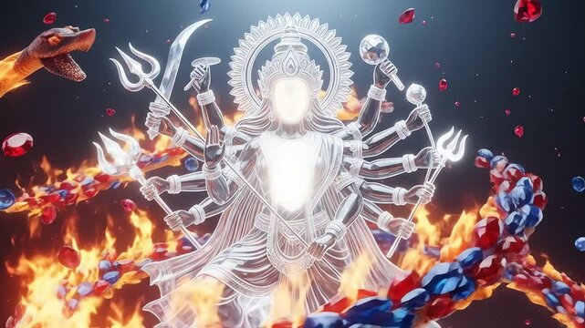 Radiant multiarmed divine figure surrounded by flames and cosmic energy.
