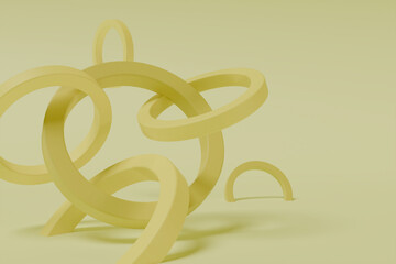 Obraz premium 3D render of yellow circular geometric shapes and rings floating in a minimalist space. Monochromatic yellow background for creative design projects and business presentations