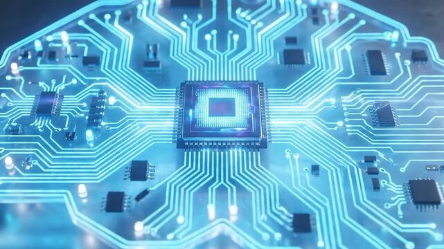 Glowing Blue Circuit Board with Central Microchip and Brain Shape, Showcasing Intricate Pathways, Components, and Advanced Technology