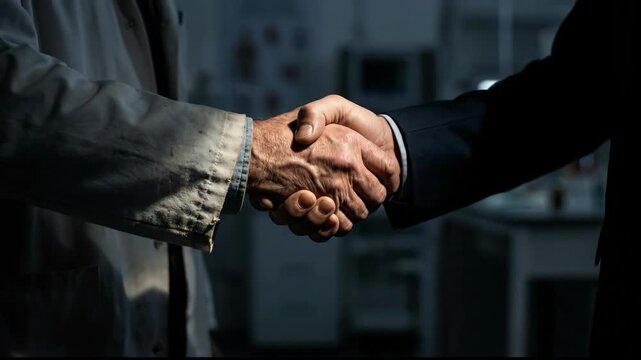 Close Up of Handshake in Lab Coat and Suit Symbolizing Business Collaboration, Partnership, and Agreement in Science