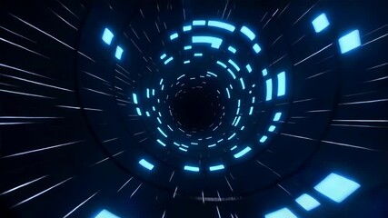 Futuristic digital tunnel with glowing blue geometric shapes creating an abstract sense of speed and technology. - Powered by Adobe